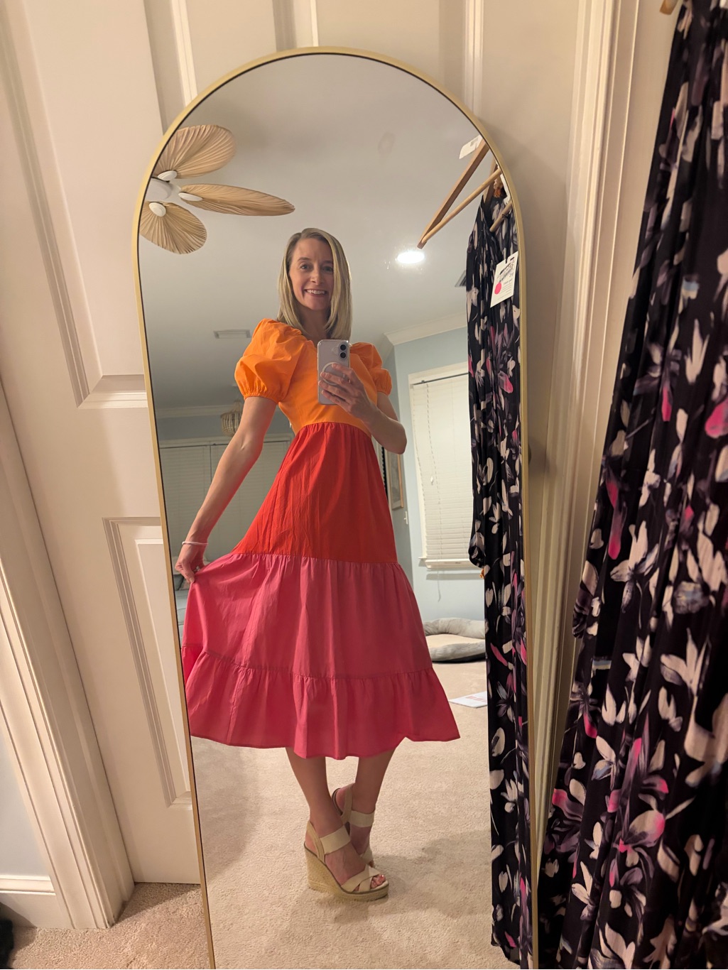 Sugarlips Orange, Red-Orange & Pink Colorblock Puff-Sleeve Midi Skirt Dress
